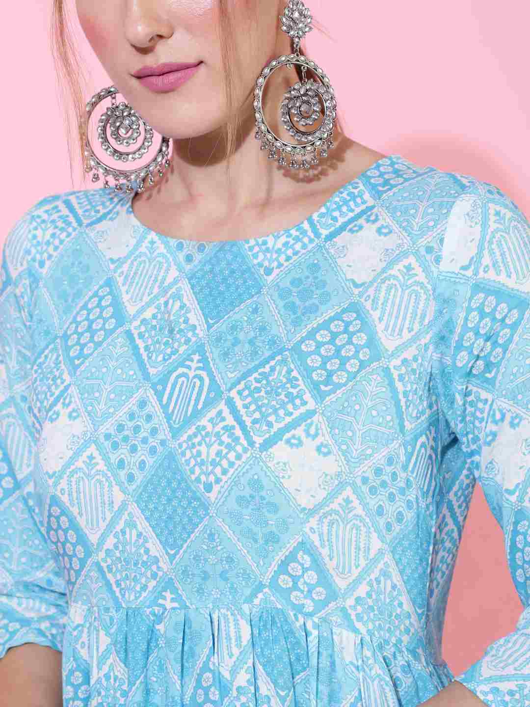 Rayon Calf Length Printed Flared 3/4 sleeves Round Neck Kurta