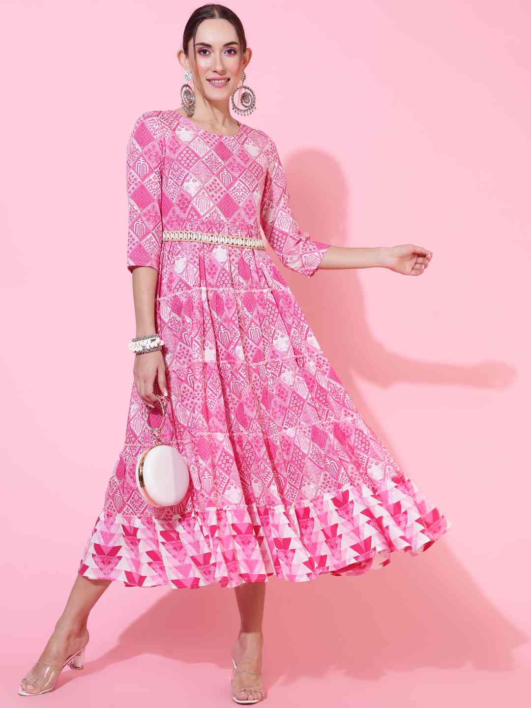 Rayon Calf Length Printed Flared 3/4 sleeves Round Neck Kurta