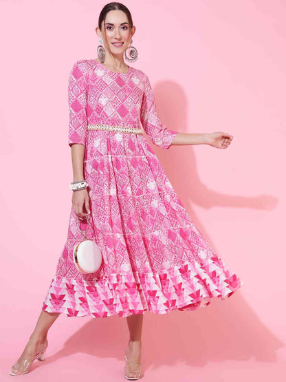 Rayon Calf Length Printed Flared 3/4 sleeves Round Neck Kurta