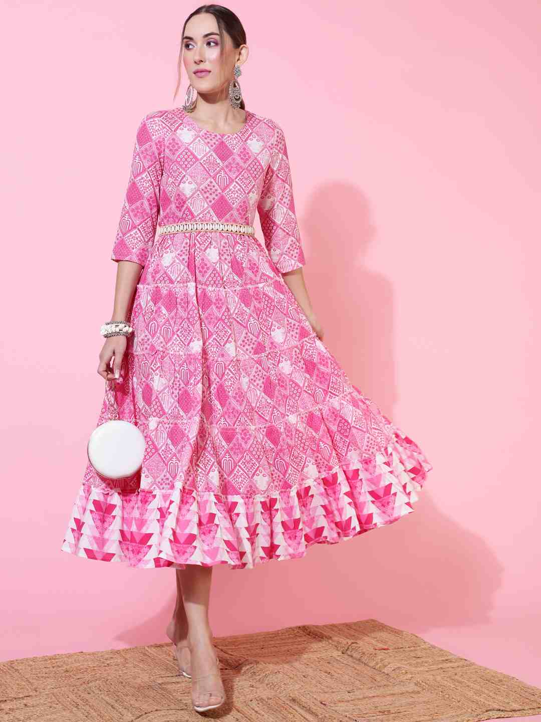 Rayon Calf Length Printed Flared 3/4 sleeves Round Neck Kurta