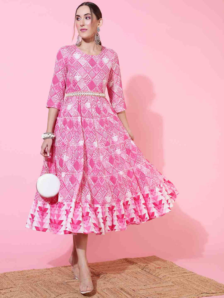 Rayon Calf Length Printed Flared 3/4 sleeves Round Neck Kurta
