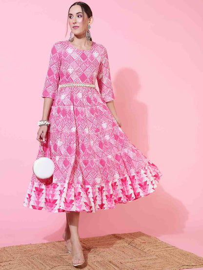 Rayon Calf Length Printed Flared 3/4 sleeves Round Neck Kurta (Preorder)