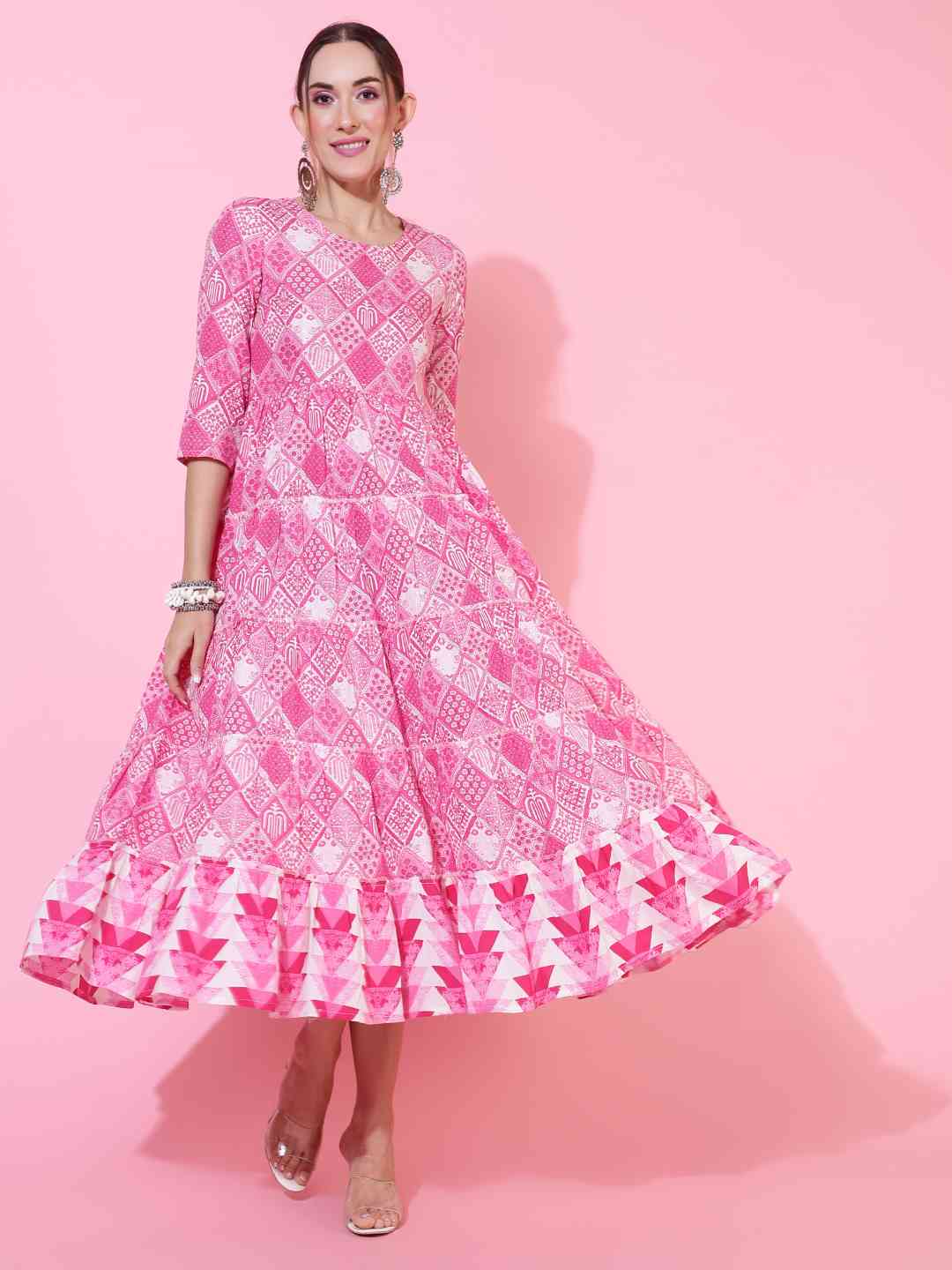 Rayon Calf Length Printed Flared 3/4 sleeves Round Neck Kurta