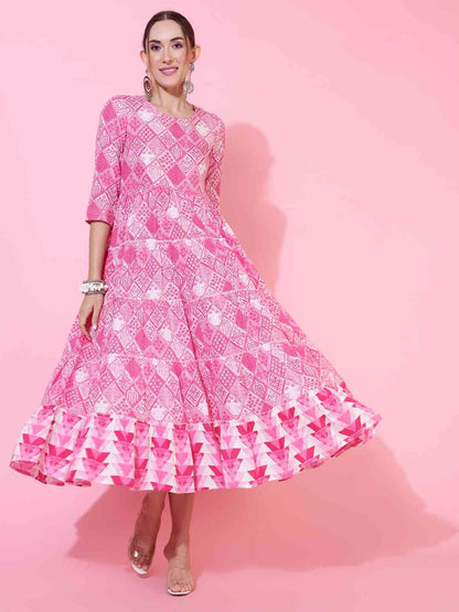 Rayon Calf Length Printed Flared 3/4 sleeves Round Neck Kurta