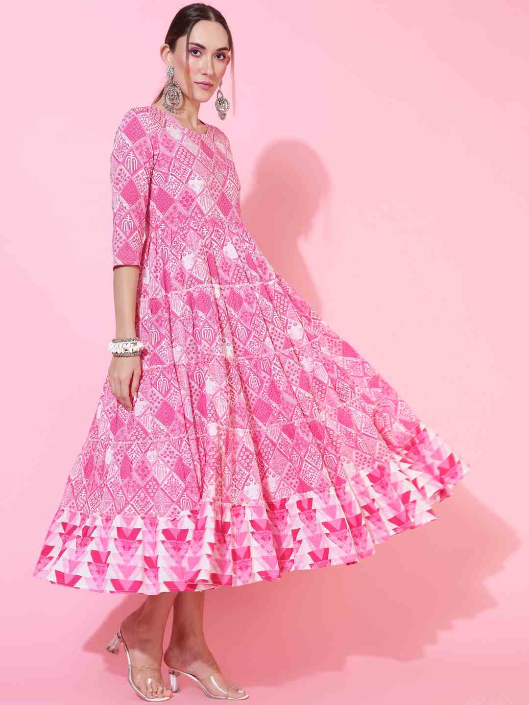 Rayon Calf Length Printed Flared 3/4 sleeves Round Neck Kurta