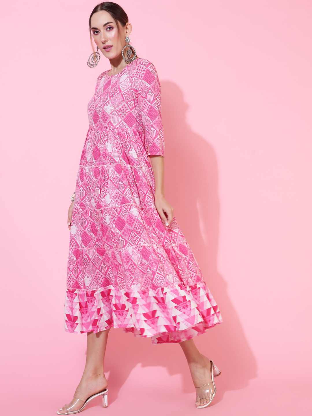 Rayon Calf Length Printed Flared 3/4 sleeves Round Neck Kurta