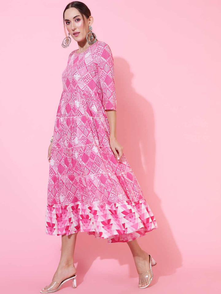 Rayon Calf Length Printed Flared 3/4 sleeves Round Neck Kurta