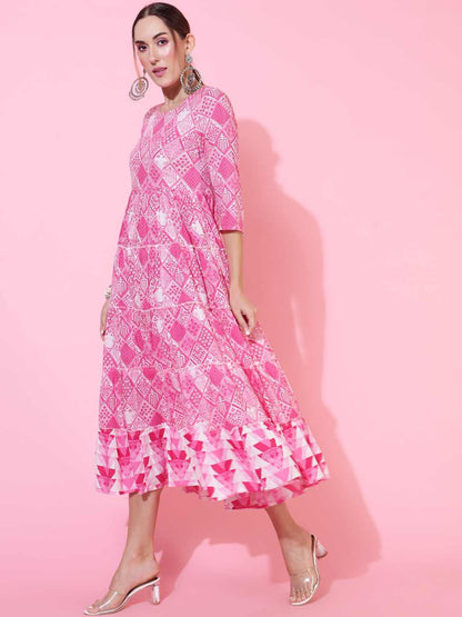 Rayon Calf Length Printed Flared 3/4 sleeves Round Neck Kurta (Preorder)