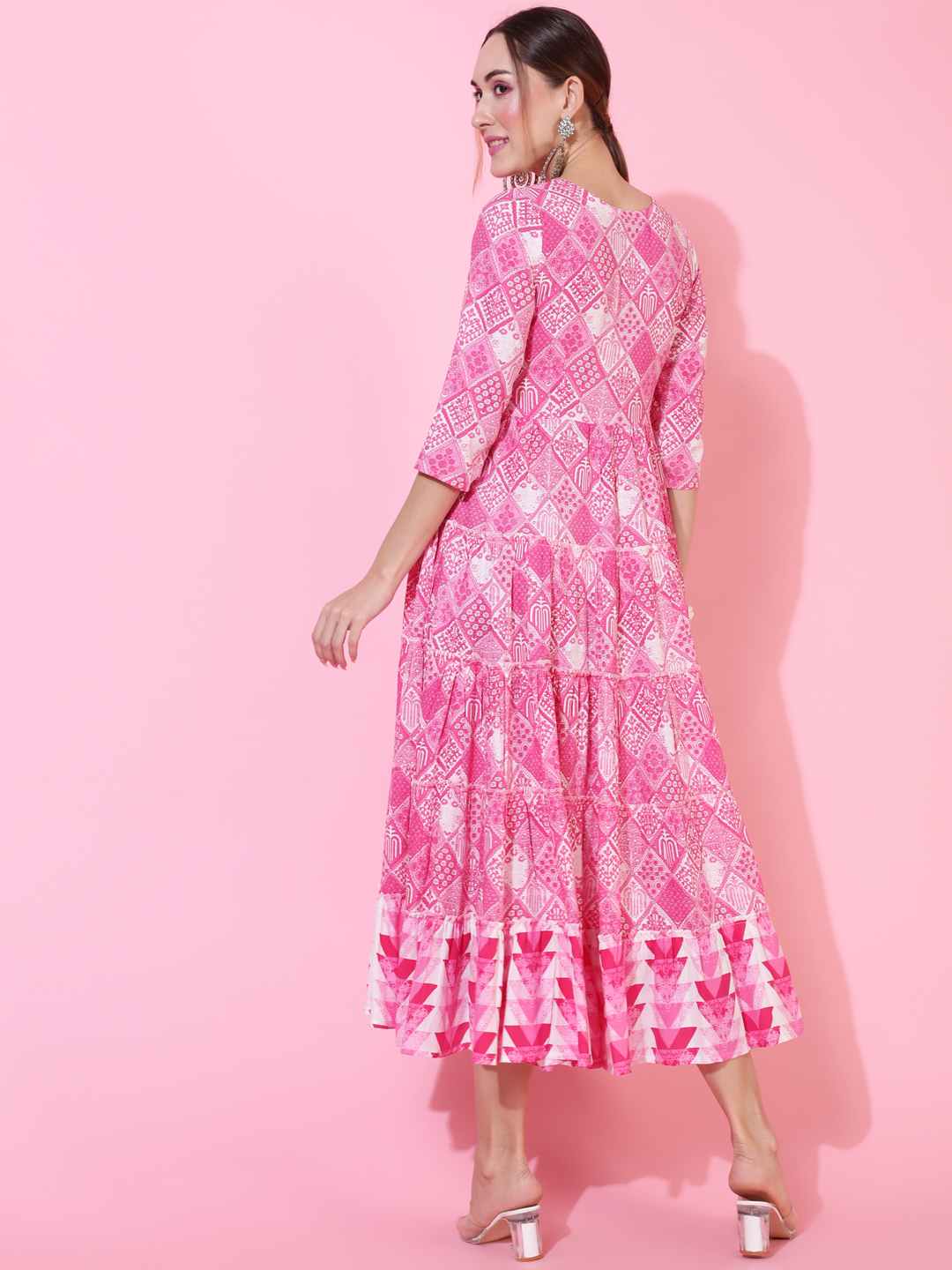 Rayon Calf Length Printed Flared 3/4 sleeves Round Neck Kurta