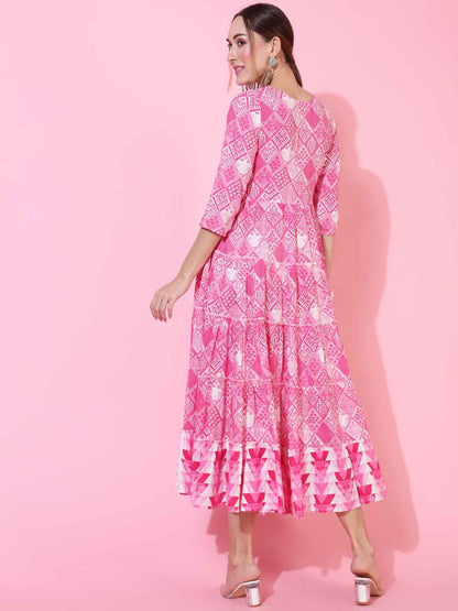 Rayon Calf Length Printed Flared 3/4 sleeves Round Neck Kurta