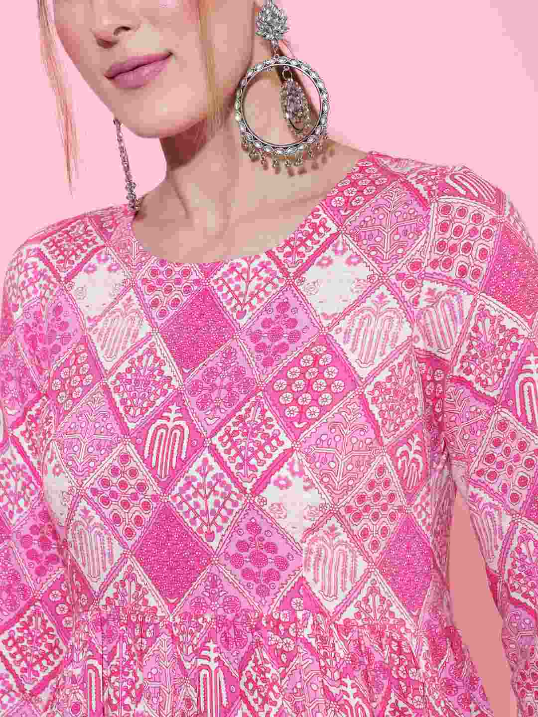 Rayon Calf Length Printed Flared 3/4 sleeves Round Neck Kurta