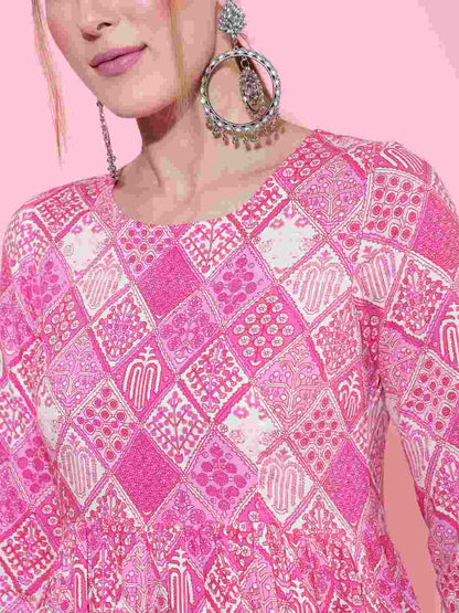 Rayon Calf Length Printed Flared 3/4 sleeves Round Neck Kurta (Preorder)