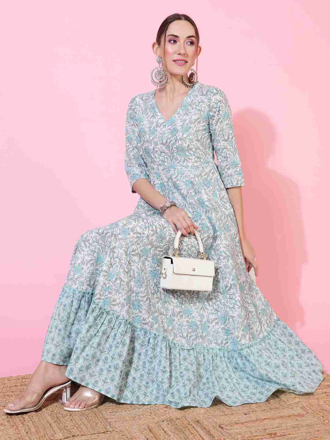 Cotton Calf Length Printed Flared 3/4 sleeves Round Neck Kurta