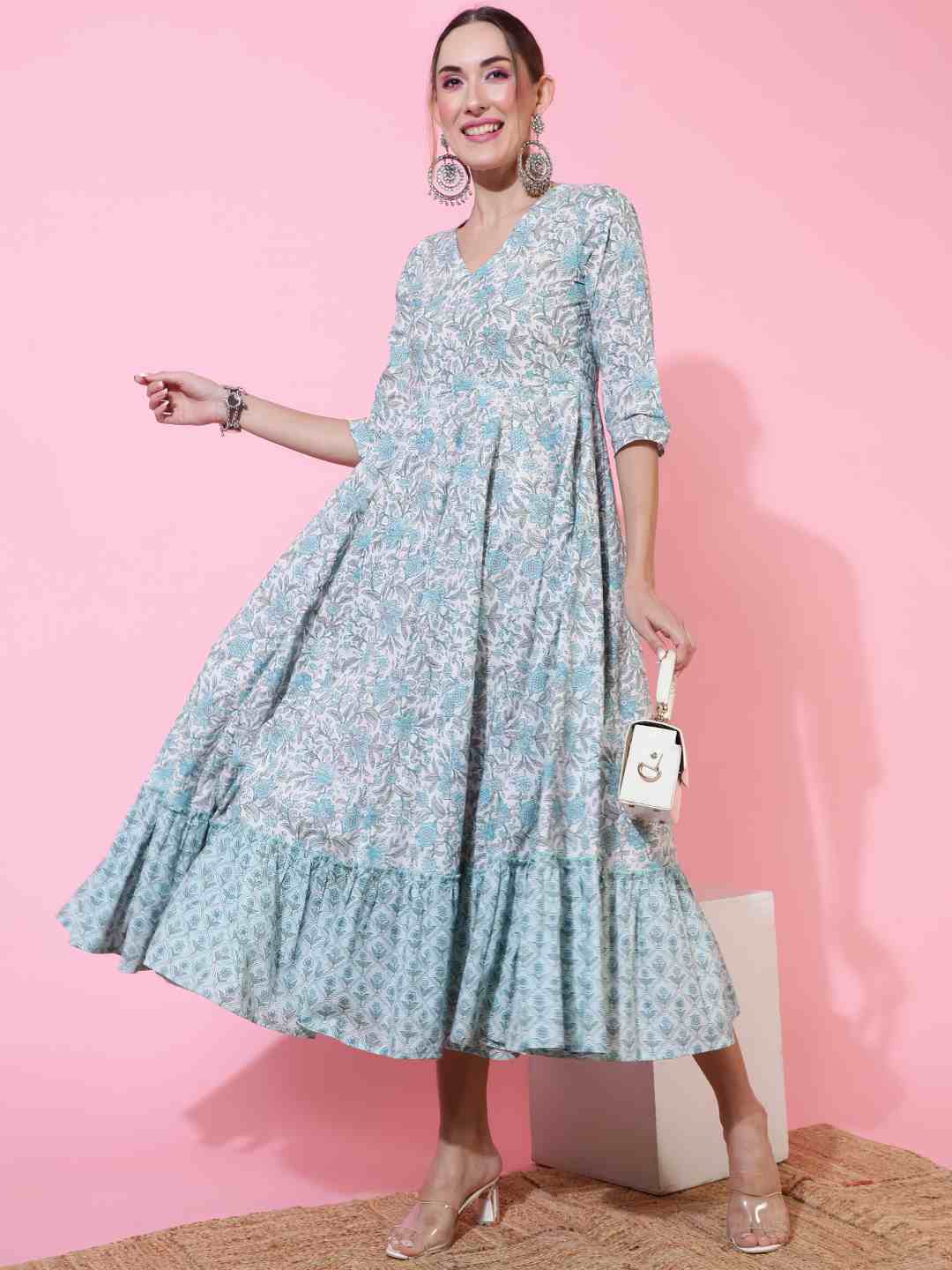Cotton Calf Length Printed Flared 3/4 sleeves Round Neck Kurta