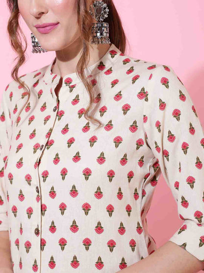 Cotton Flex Calf Length Printed Straight 3/4 sleeves Collar Neck Kurta (Preorder)