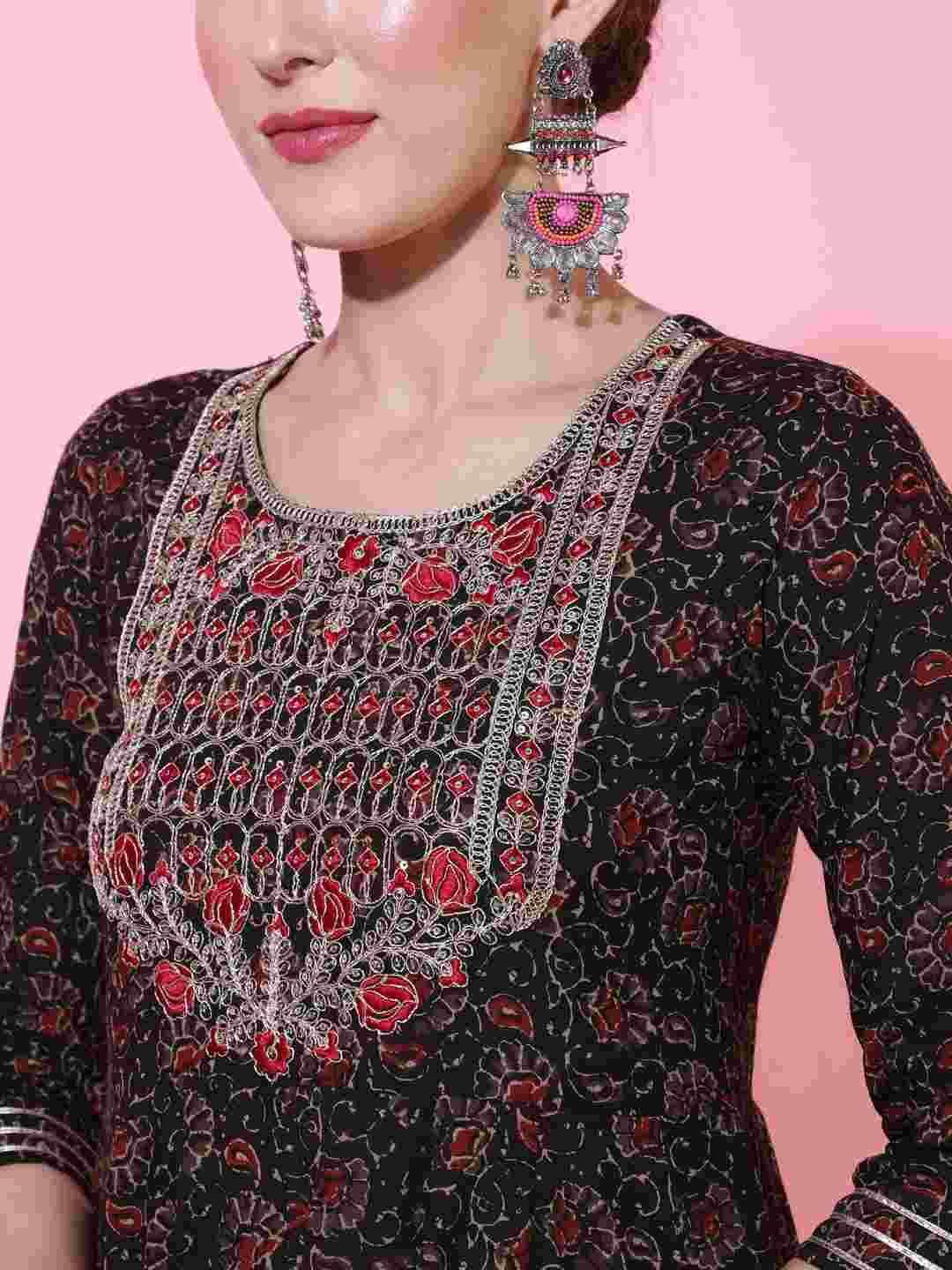 Cotton Calf Length Printed Flared 3/4 sleeves Round Neck Kurta Bottom Set