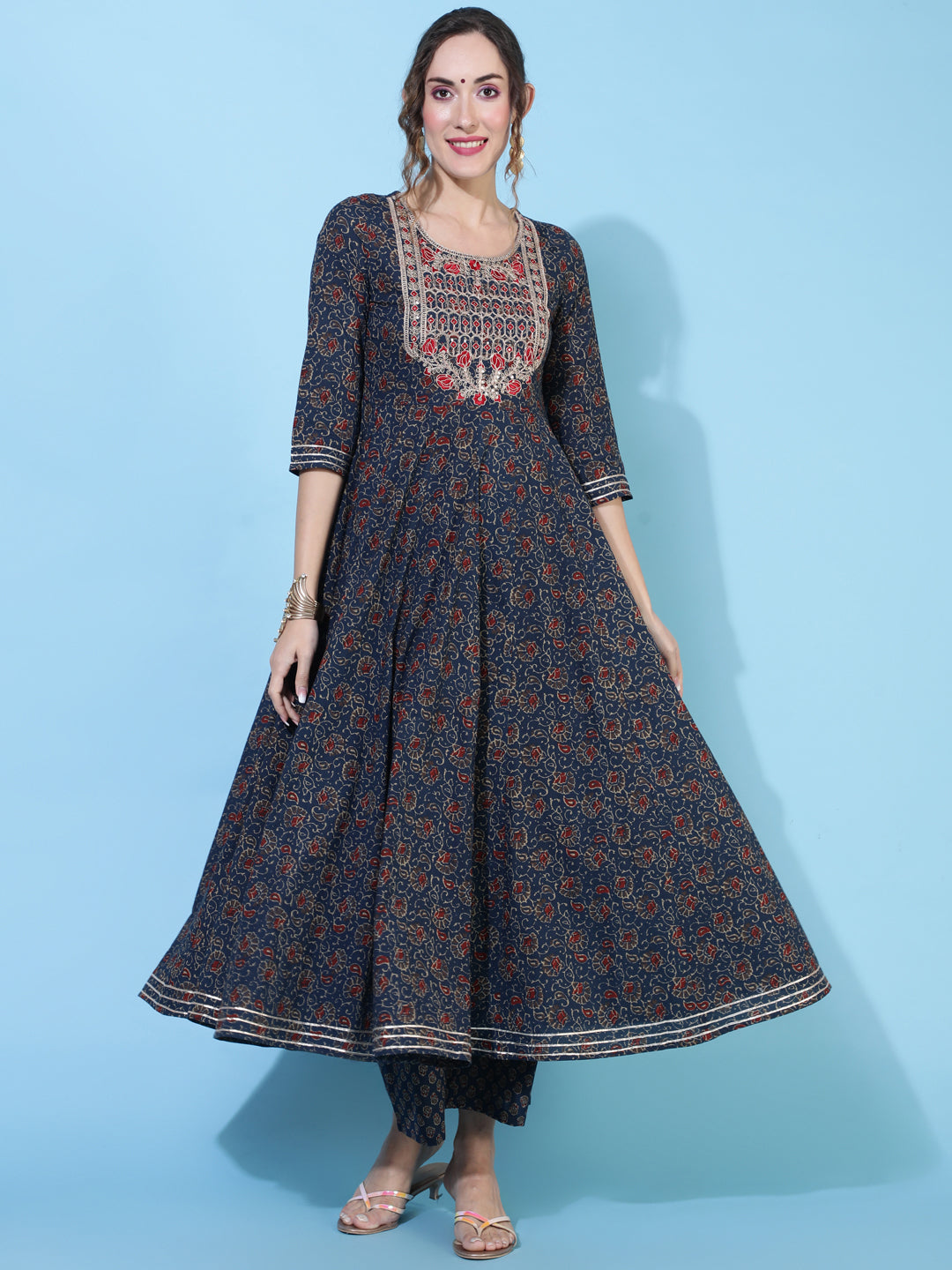 Cotton Calf Length Printed Flared 3/4 sleeves Round Neck Kurta Bottom Set (Preorder)