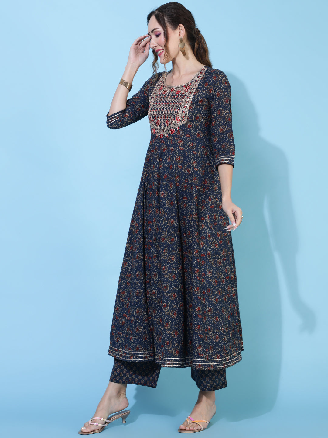 Cotton Calf Length Printed Flared 3/4 sleeves Round Neck Kurta Bottom Set