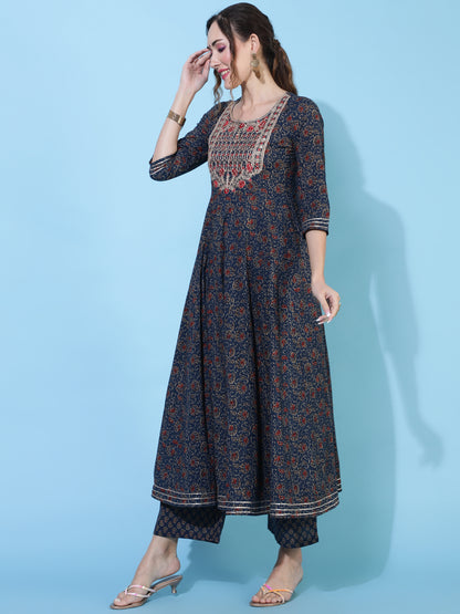 Cotton Calf Length Printed Flared 3/4 sleeves Round Neck Kurta Bottom Set