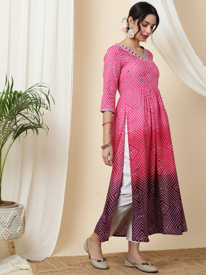 Rayon  Calf Length Printed  3/4 Sleeve V-Neck Kurta