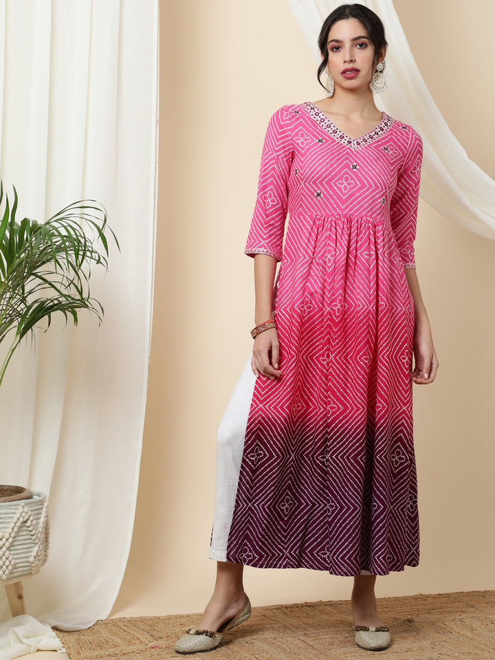 Rayon  Calf Length Printed  3/4 Sleeve V-Neck Kurta