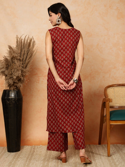 Cotton Calf Length Printed Straight Sleeveless Round Kurta Bottom Set (Preorder)