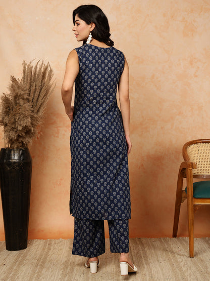 Cotton Calf Length Printed Straight Sleeveless Round Kurta Bottom Set (Preorder)