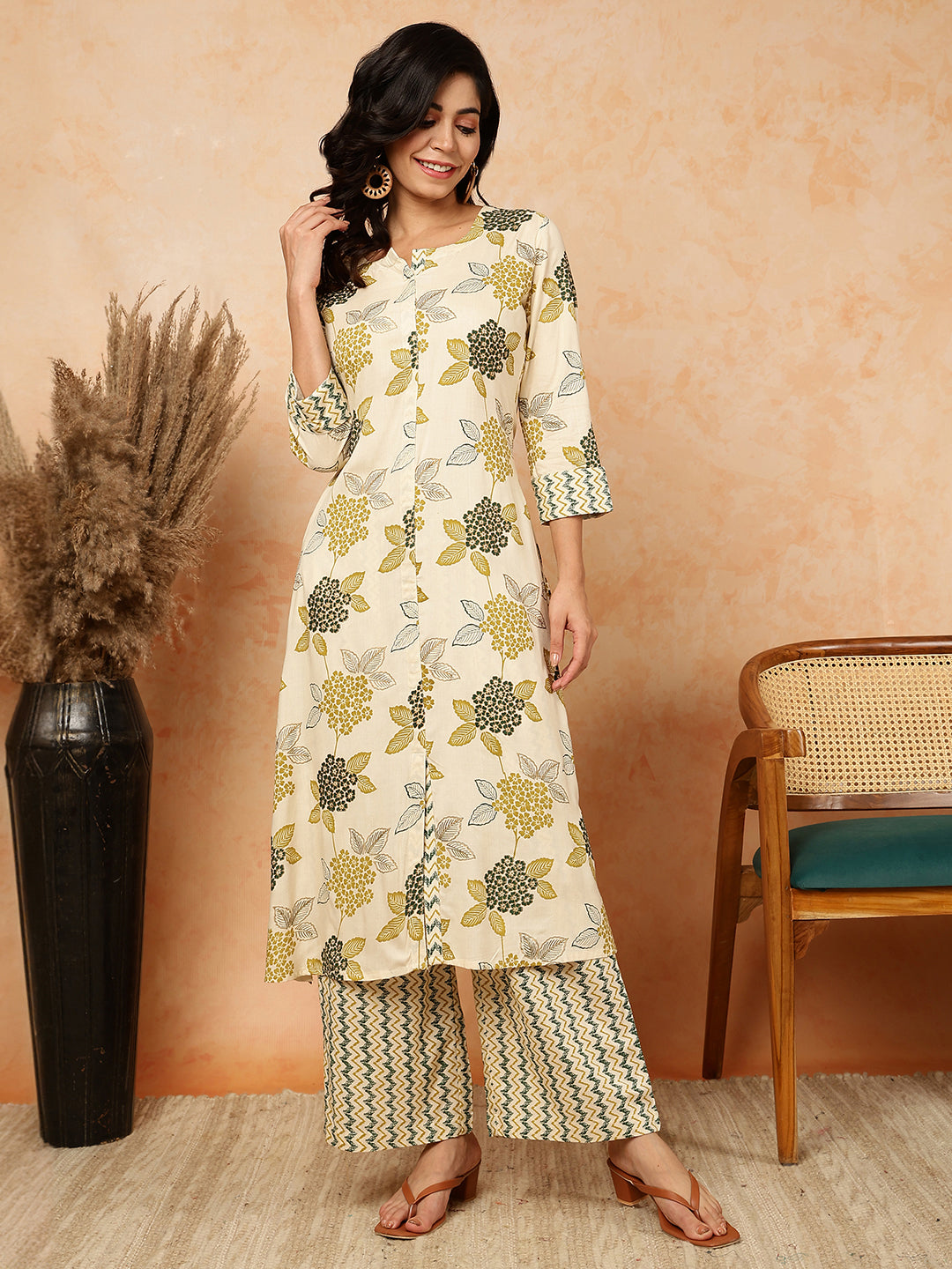 Rayon  Calf Length Printed Straight 3/4 Sleeves Round Kurta Bottom Set (Preorder)