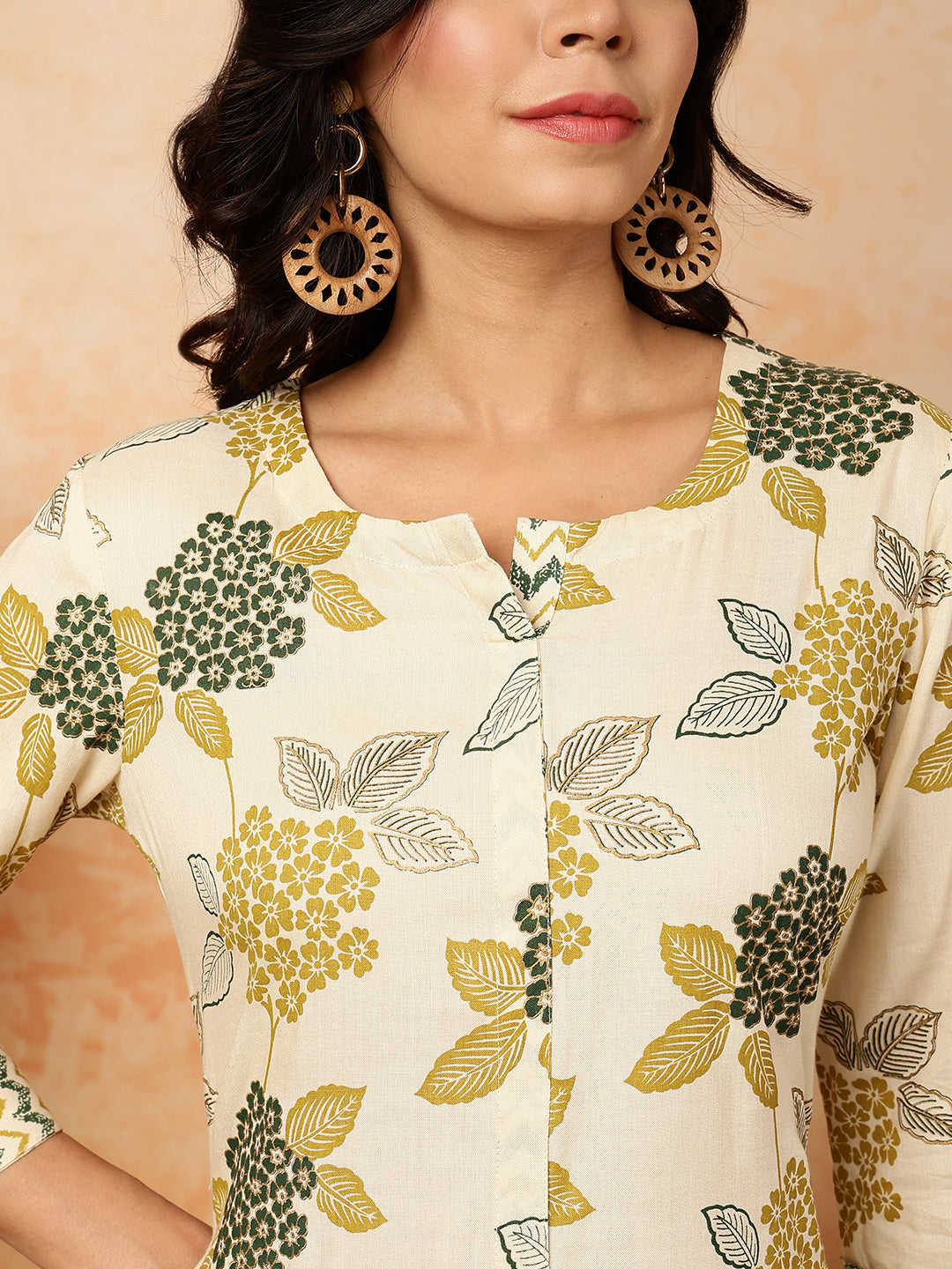 Rayon  Calf Length Printed Straight 3/4 Sleeves Round Kurta Bottom Set