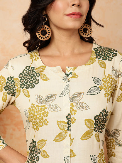 Rayon  Calf Length Printed Straight 3/4 Sleeves Round Kurta Bottom Set