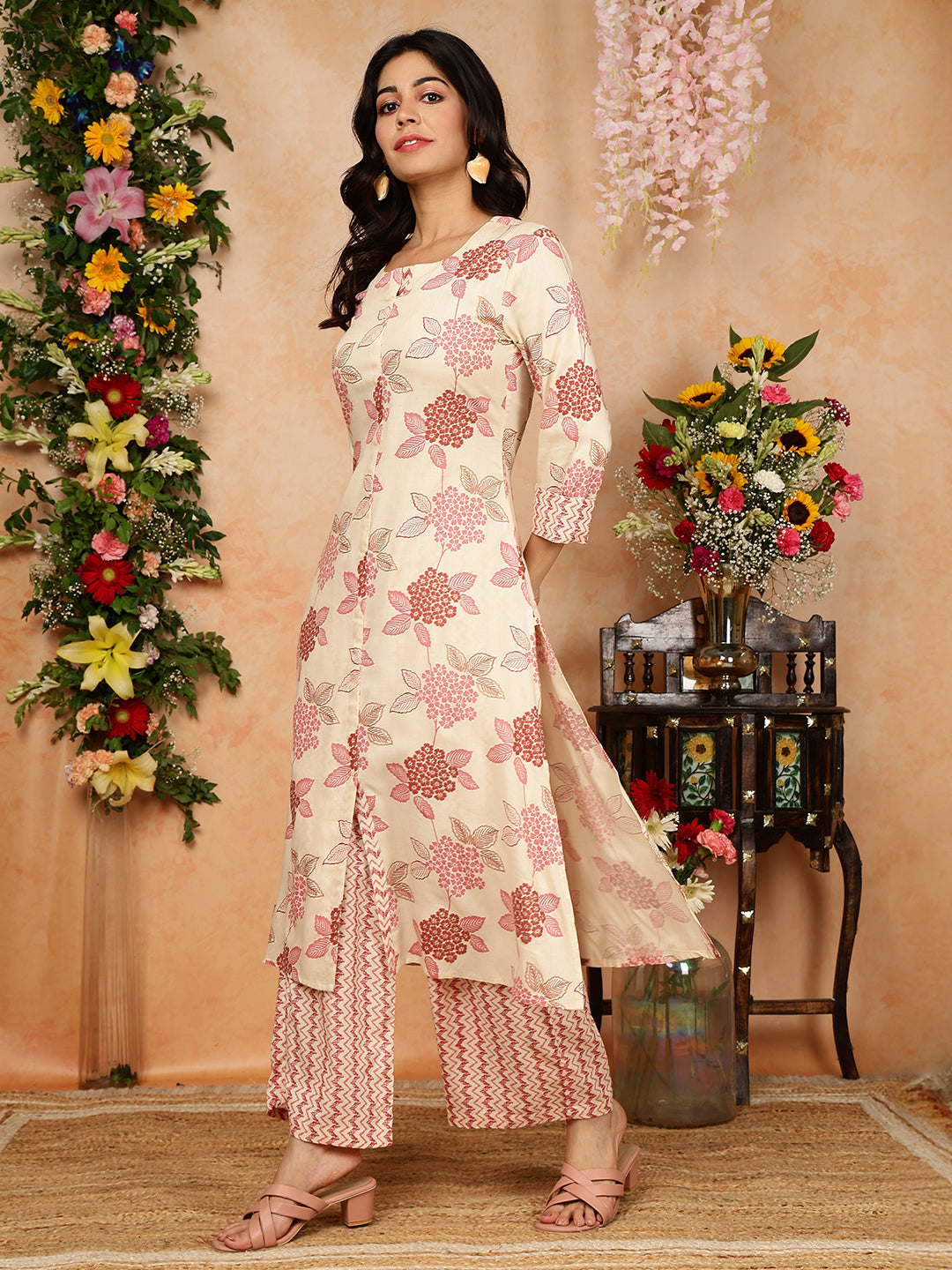 Rayon  Calf Length Printed Straight 3/4 Sleeves Round Kurta Bottom Set