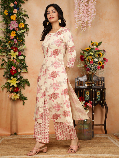 Rayon  Calf Length Printed Straight 3/4 Sleeves Round Kurta Bottom Set