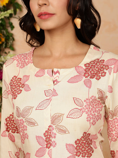 Rayon  Calf Length Printed Straight 3/4 Sleeves Round Kurta Bottom Set
