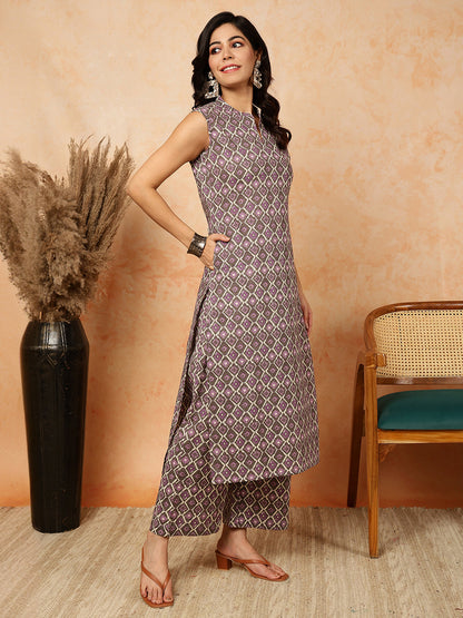 Cotton  Calf Length Printed Straight Sleeveless Mandarin Kurta Bottom Set
