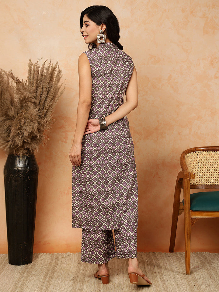 Cotton  Calf Length Printed Straight Sleeveless Mandarin Kurta Bottom Set