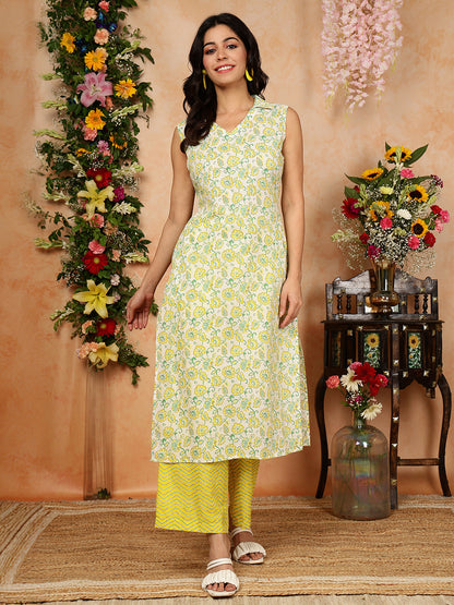 Rayon  Calf Length Printed Straight Sleeveless Shirt Collar Kurta Bottom Set (Preorder)