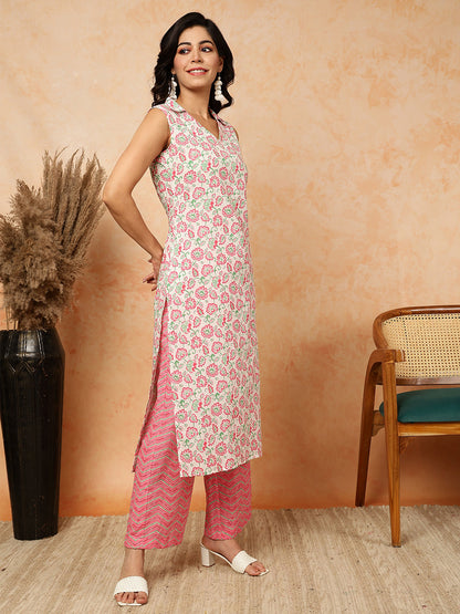 Rayon  Calf Length Printed Straight Sleeveless Shirt Collar Kurta Bottom Set (Preorder)