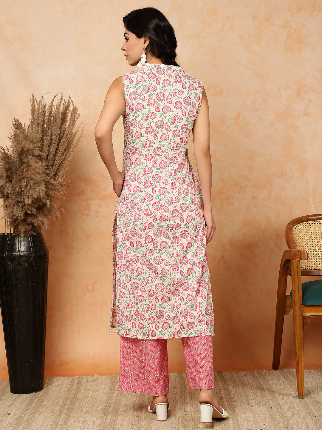 Rayon  Calf Length Printed Straight Sleeveless Shirt Collar Kurta Bottom Set (Preorder)