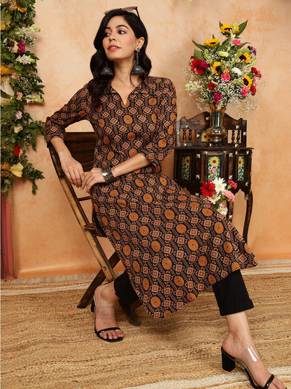 Rayon Calf Length Printed Straight 3/4 Sleeves Shirt Collar Kurta (Preorder)