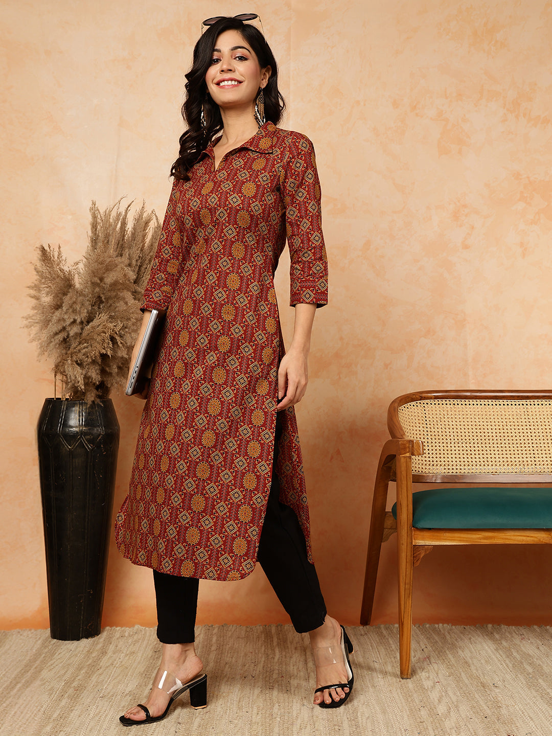 Rayon Calf Length Printed Straight 3/4 Sleeves Shirt Collar Kurta (Preorder)