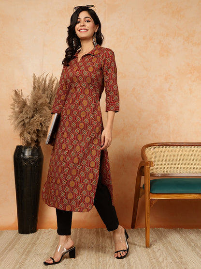 Rayon Calf Length Printed Straight 3/4 Sleeves Shirt Collar Kurta (Preorder)