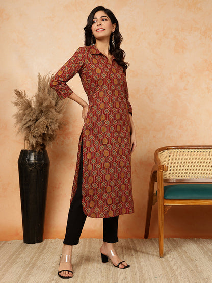 Rayon Calf Length Printed Straight 3/4 Sleeves Shirt Collar Kurta (Preorder)