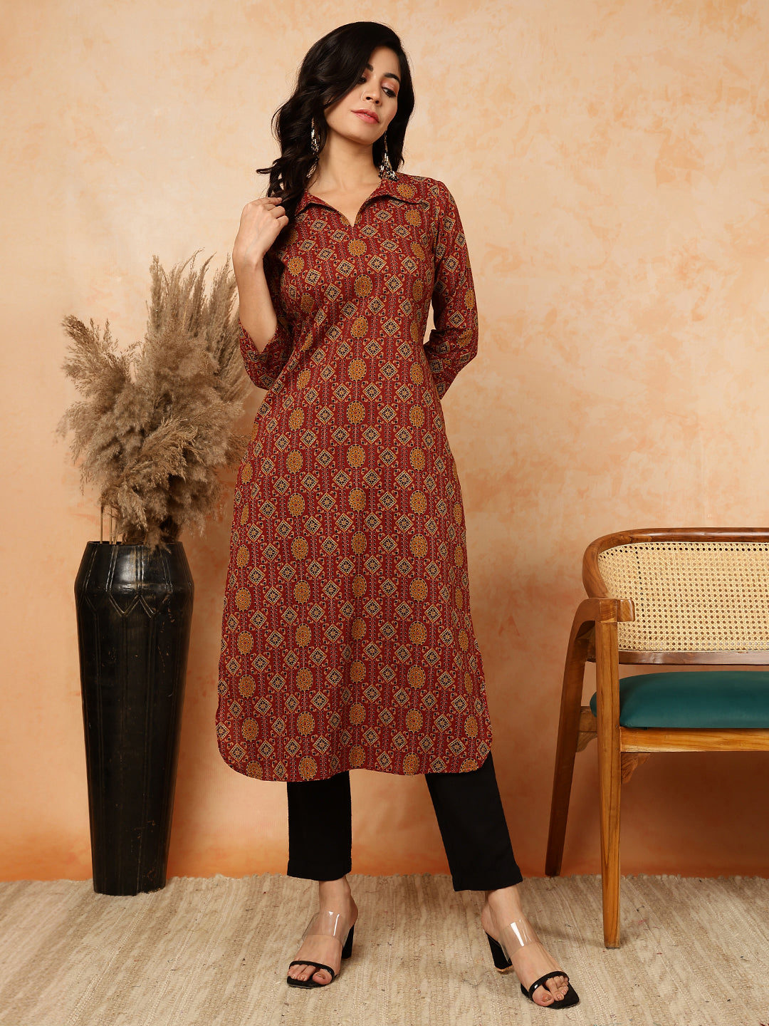 Rayon Calf Length Printed Straight 3/4 Sleeves Shirt Collar Kurta (Preorder)
