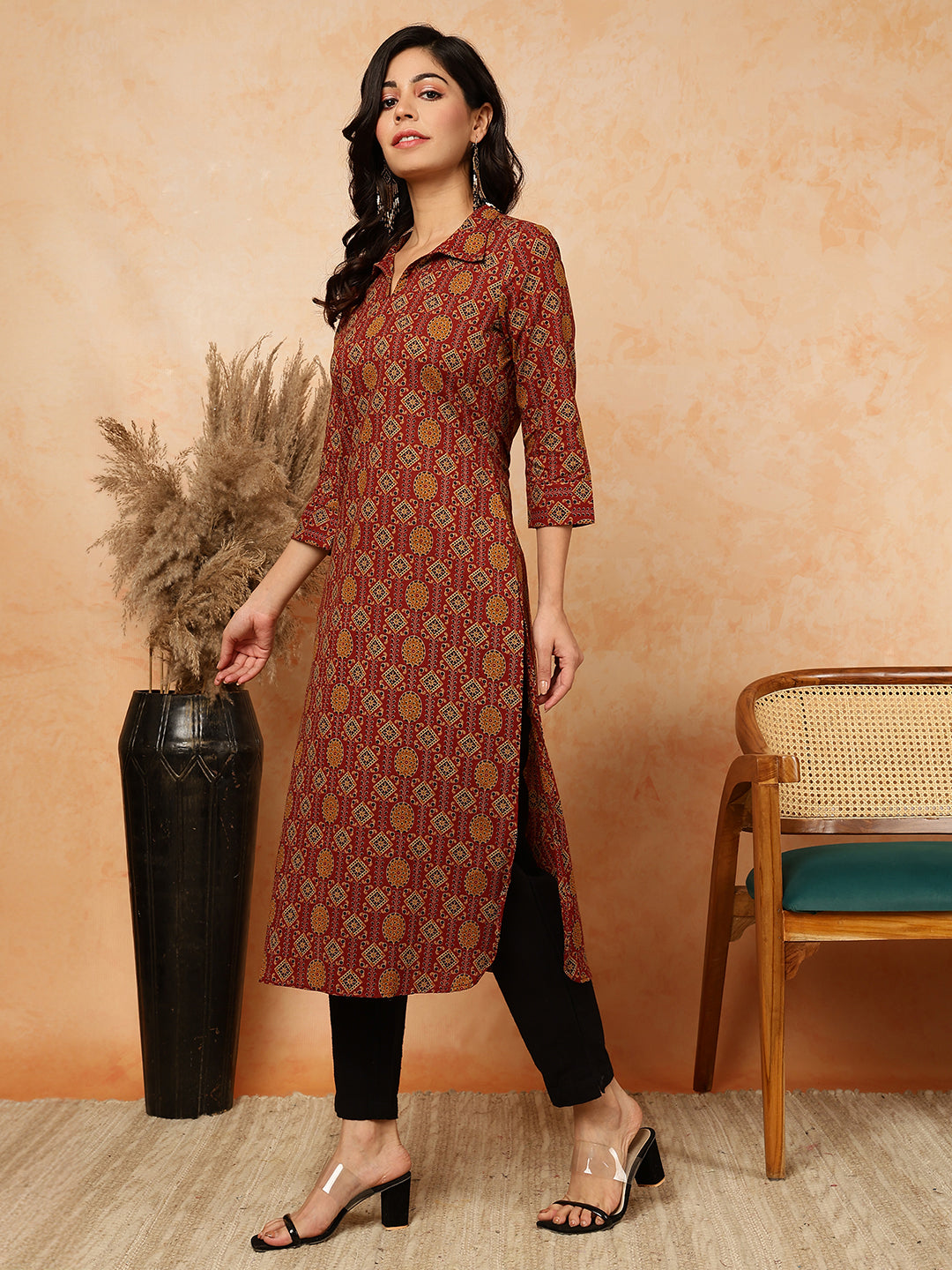 Rayon Calf Length Printed Straight 3/4 Sleeves Shirt Collar Kurta (Preorder)