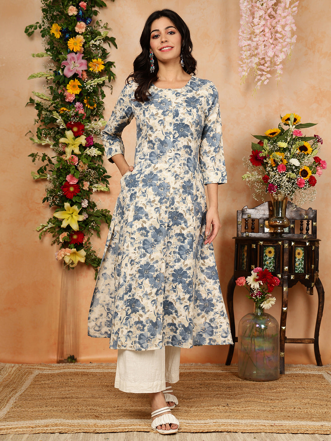 Cotton Flex Calf Length Printed A-Line 3/4 Sleeves Round Kurta (Preorder)