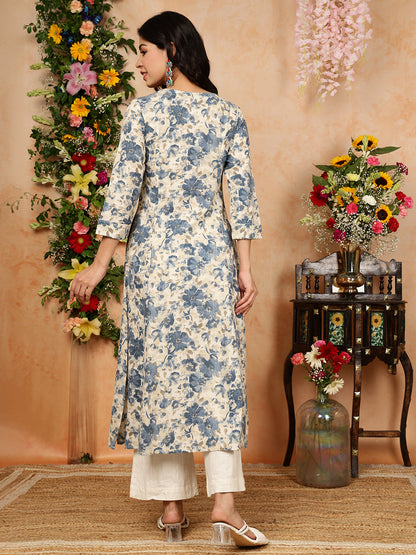 Cotton Flex Calf Length Printed A-Line 3/4 Sleeves Round Kurta (Preorder)