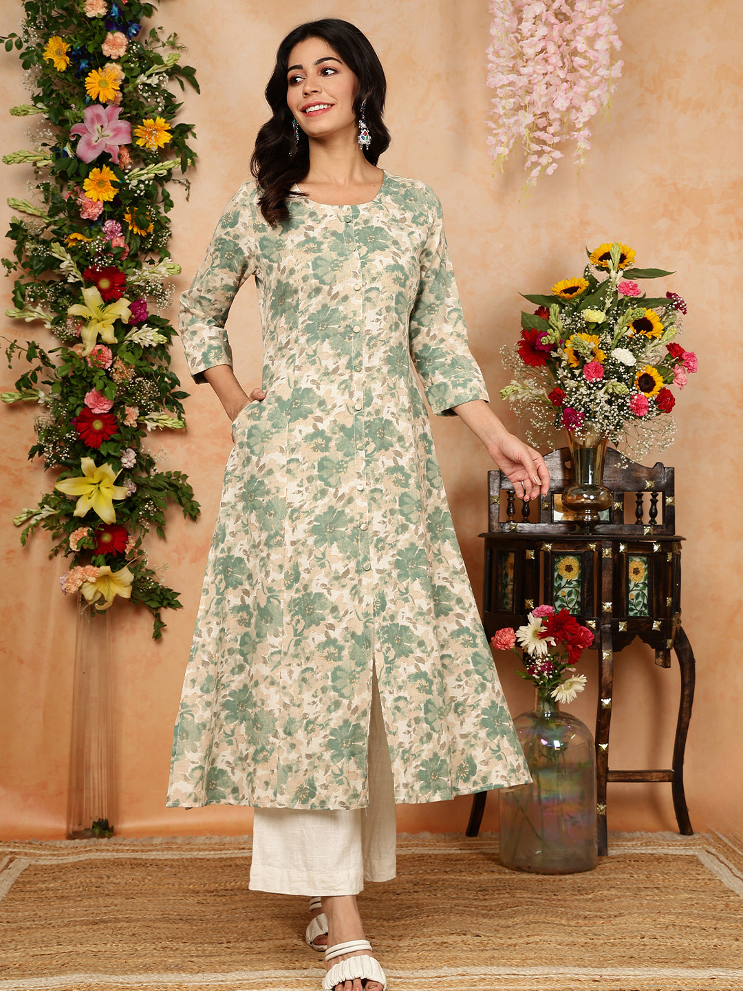 Cotton Flex Calf Length Printed A-Line 3/4 Sleeves Round Kurta