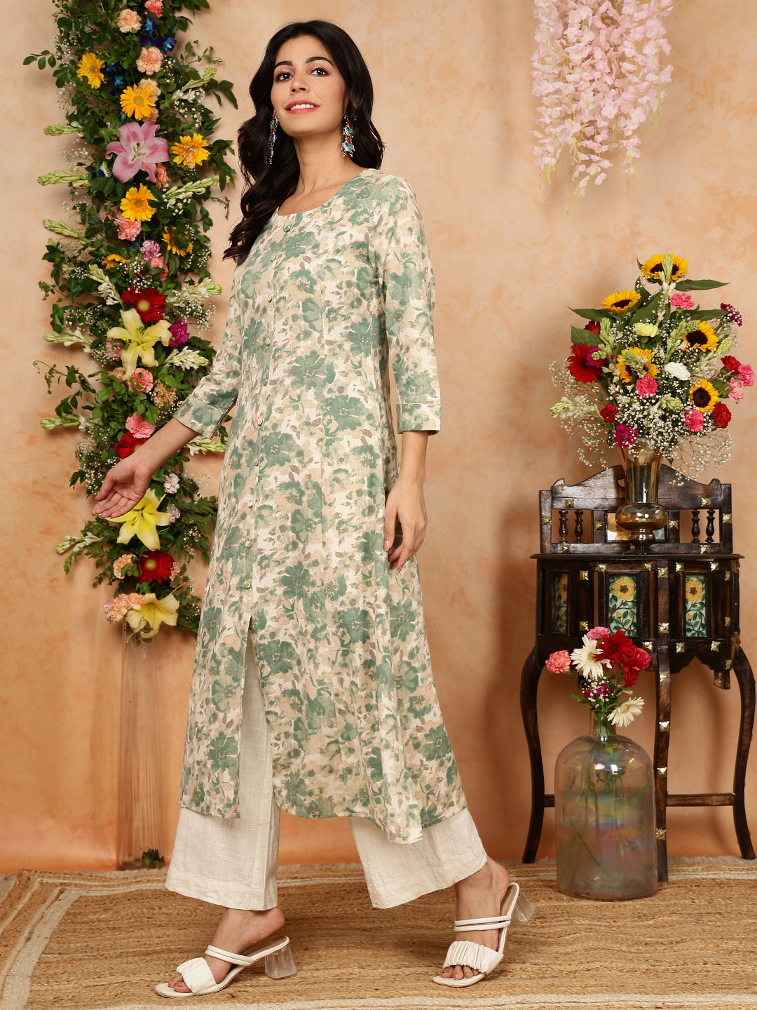 Cotton Flex Calf Length Printed A-Line 3/4 Sleeves Round Kurta