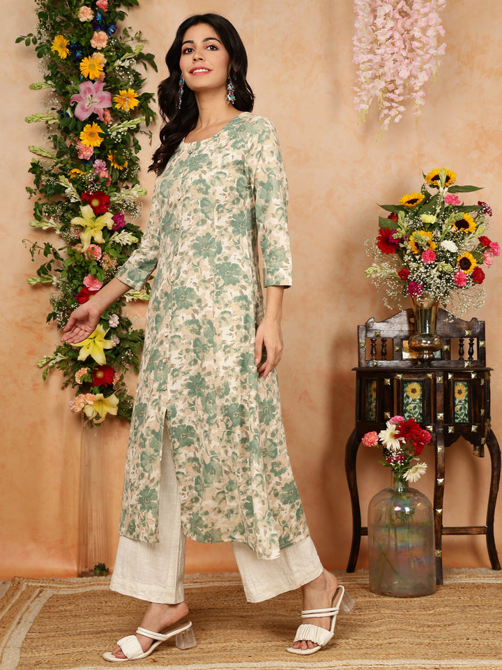 Cotton Flex Calf Length Printed A-Line 3/4 Sleeves Round Kurta