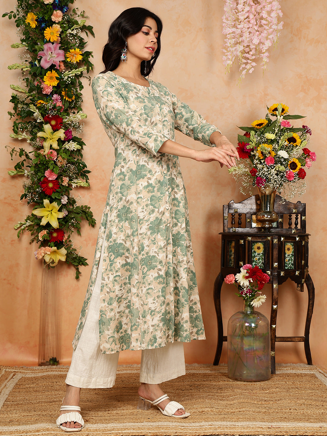 Cotton Flex Calf Length Printed A-Line 3/4 Sleeves Round Kurta